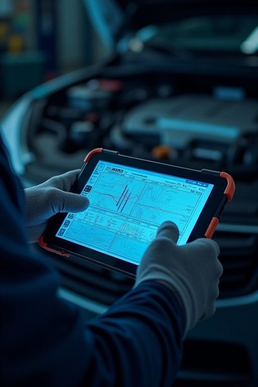 Mechanic holding a digital diagnostic report tablet